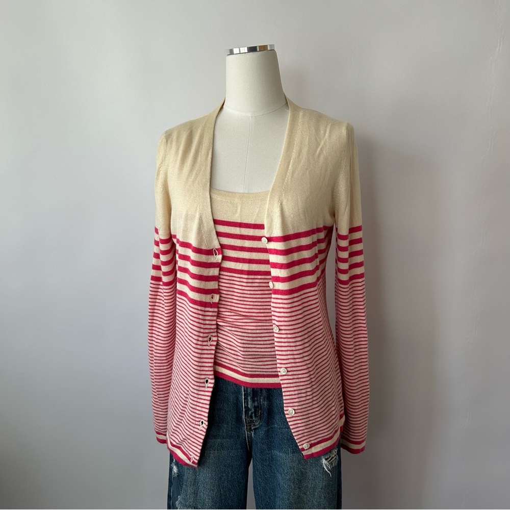 VTG 80s Ivoire de Balmain Paris Striped Cardigan & Cami Set | Silk Cashmere M - Picture 5 of 14